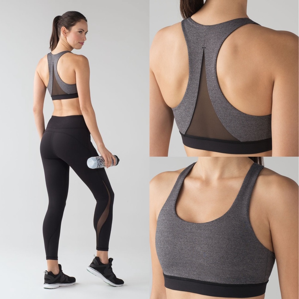 Lululemon Invigorate Bra Heathered Black Sports Bra Mesh Detailing Racerback